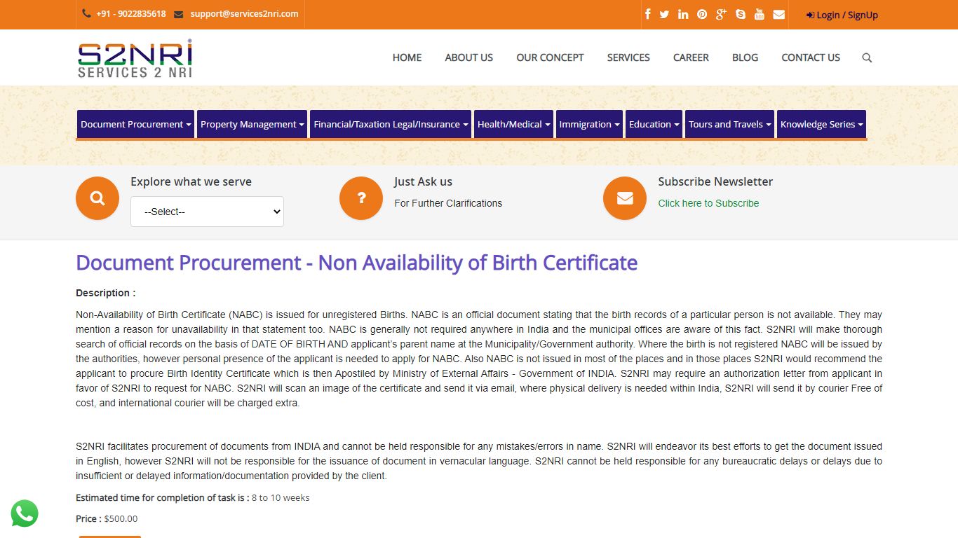 Non Availability of Birth Certificate - Services 2 NRI