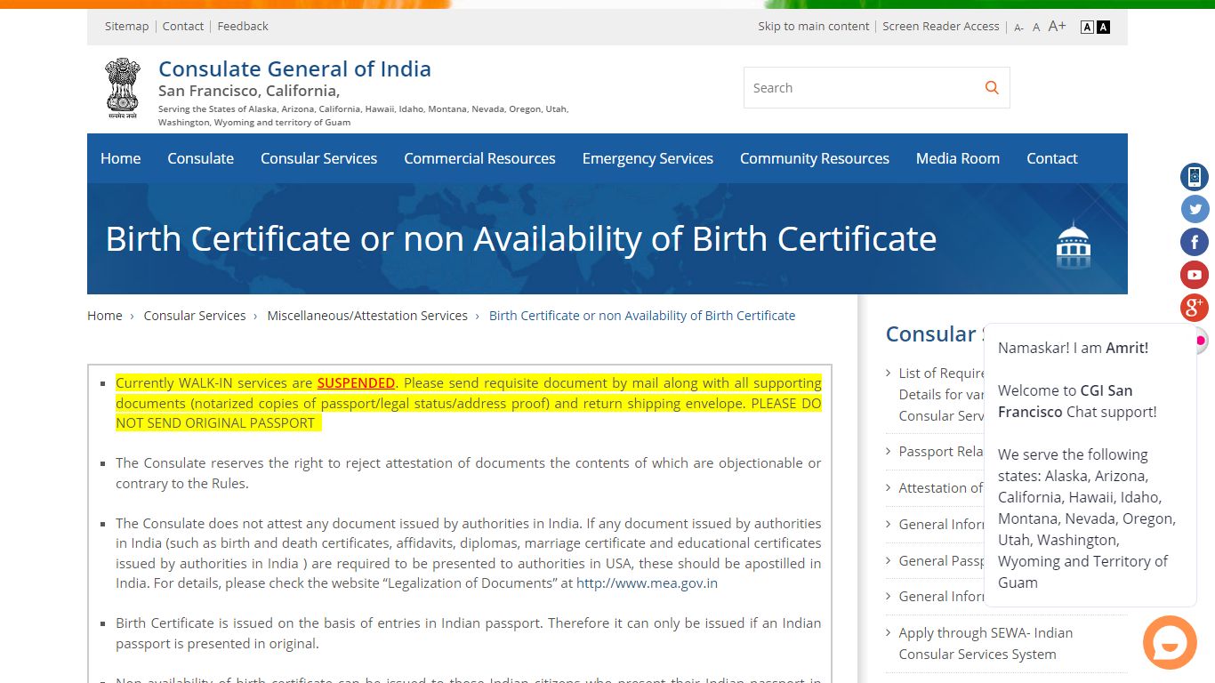 Consulate General of India, San Francisco, California : Birth ...