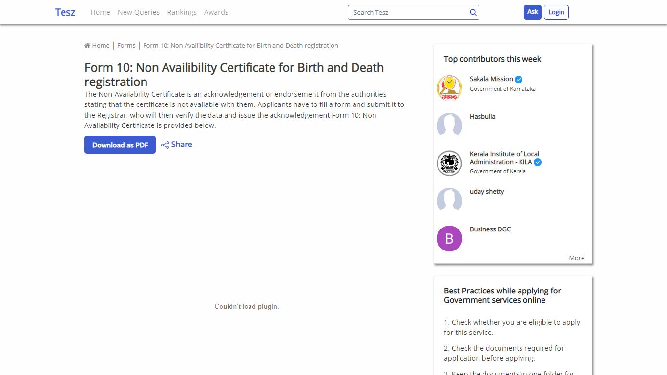 Form 10: Non Availibility Certificate for Birth and Death ... - Tesz